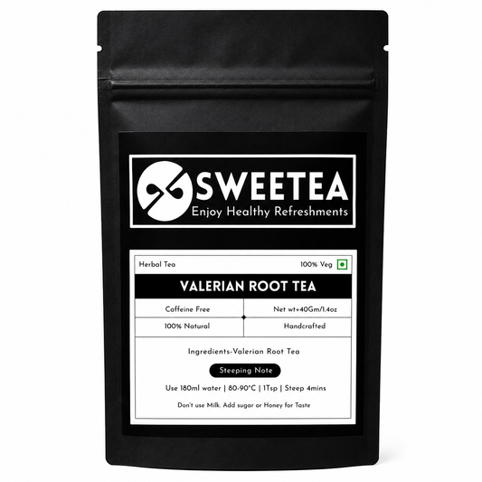 Sweetea Valerian Root Tea herbal wellness packaging with natural valerian root ingredients, relaxation and sleep support benefits, minimalist infographic layout, and black matte tea pouch design